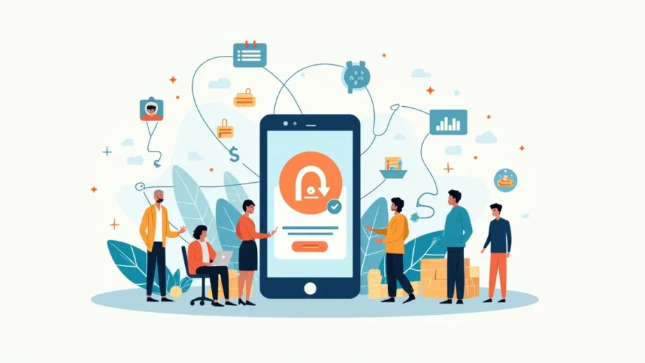 Conceito visual de recorrência em ecommerce com clientes conectados a um ícone de assinatura
