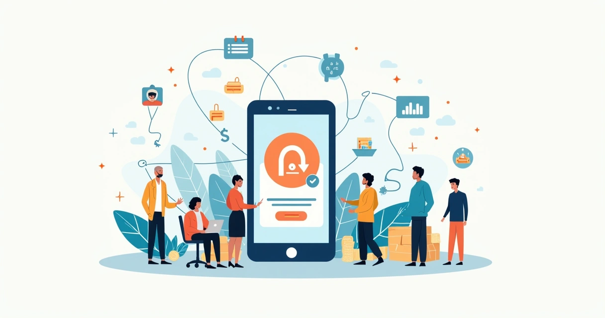 Conceito visual de recorrência em ecommerce com clientes conectados a um ícone de assinatura