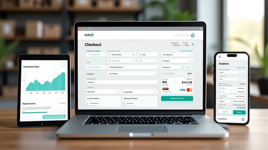 Tela de checkout digital exibida em vários dispositivos sobre mesa de trabalho