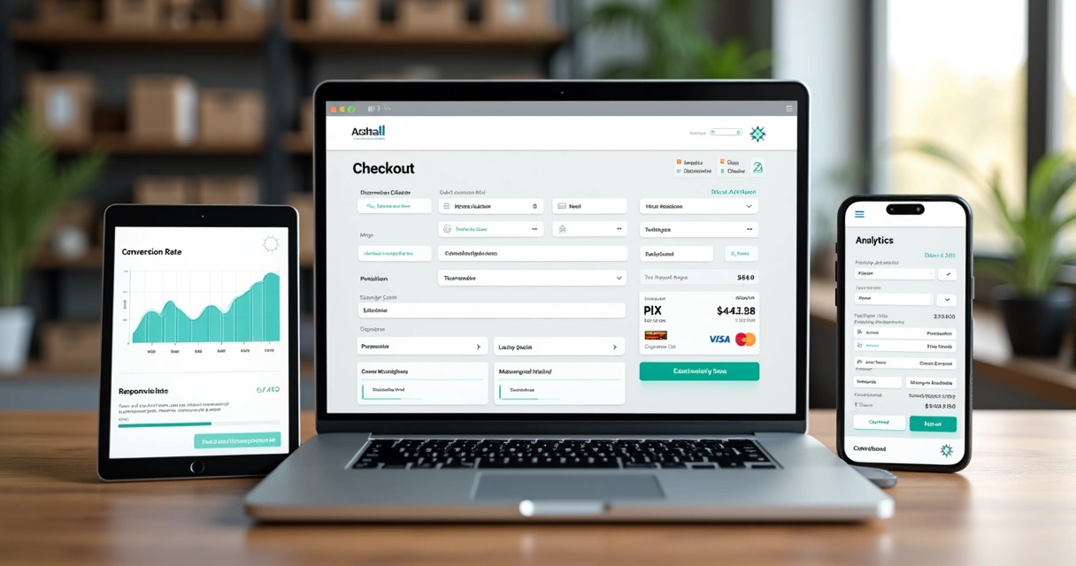Tela de checkout digital exibida em vários dispositivos sobre mesa de trabalho