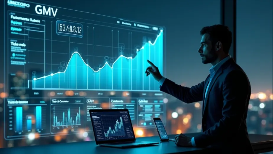 Gestor de e-commerce analisando dashboard com métricas de GMV em um escritório moderno