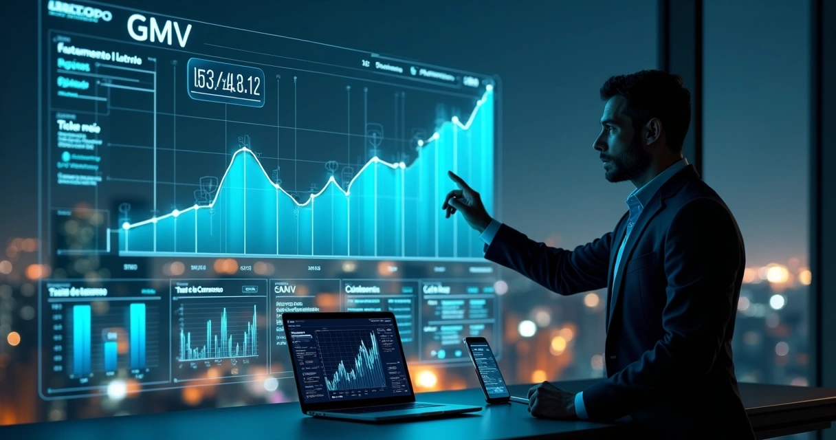 Gestor de e-commerce analisando dashboard com métricas de GMV em um escritório moderno