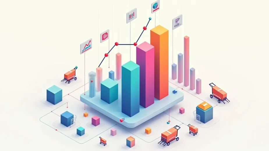 Ilustração de dashboard em forma de torres crescendo para simbolizar métricas de e-commerce em evolução