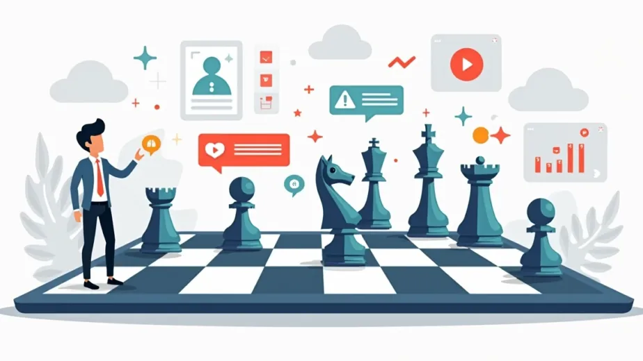 Jogador de xadrez movendo peça com ícones de anúncios digitais ao redor