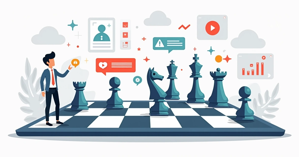 Jogador de xadrez movendo peça com ícones de anúncios digitais ao redor