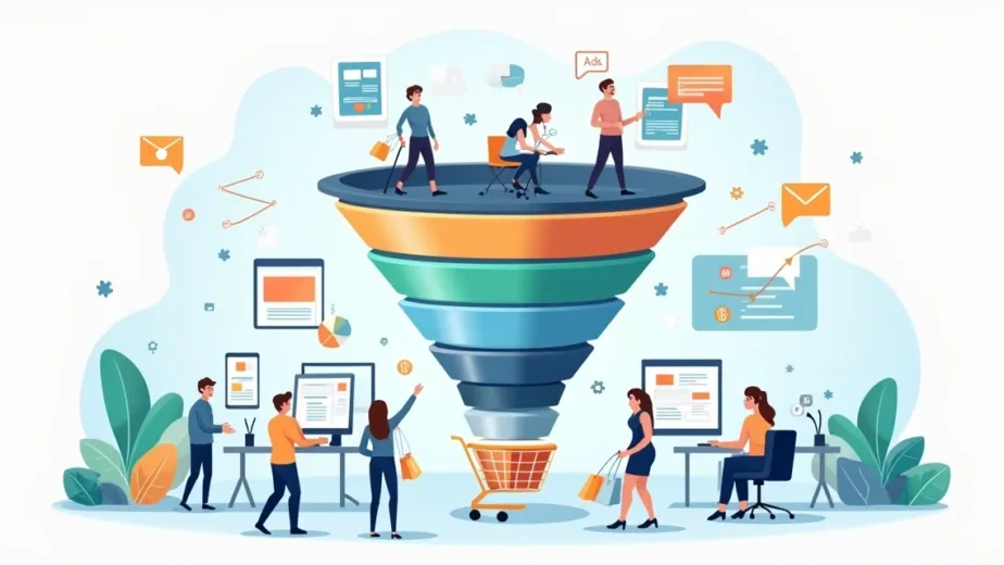 Funil de vendas ilustrado com clientes avançando pelas etapas do ecommerce