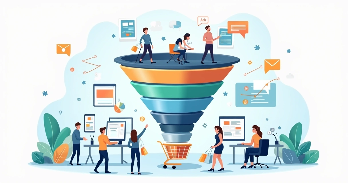 Funil de vendas ilustrado com clientes avançando pelas etapas do ecommerce