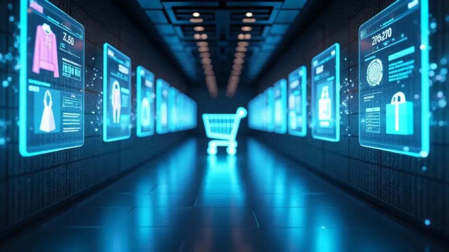 Corredor de loja virtual futurista com inteligência artificial destacando produtos em hologramas