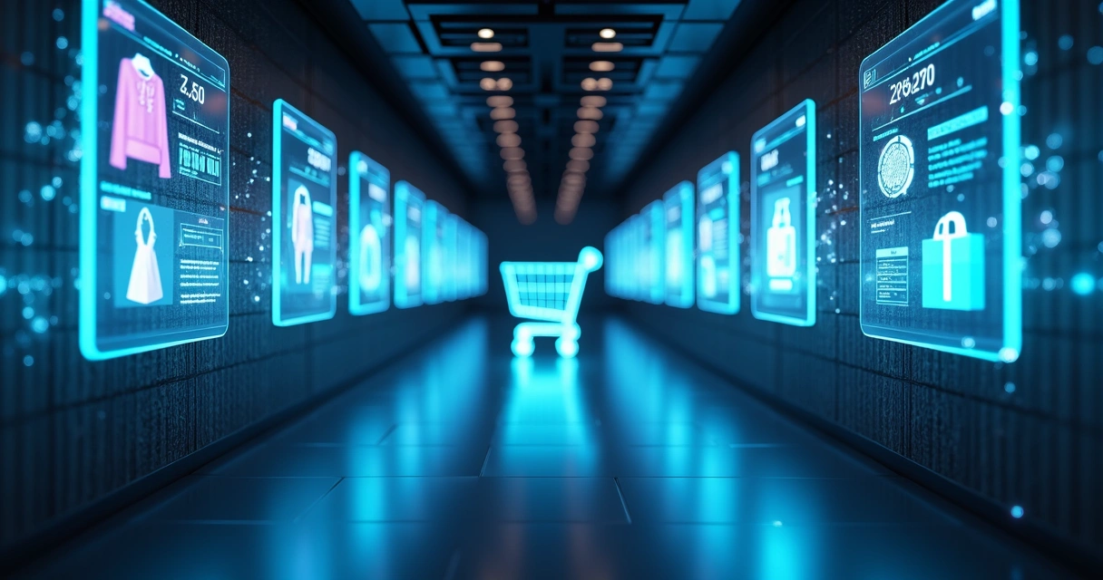 Corredor de loja virtual futurista com inteligência artificial destacando produtos em hologramas