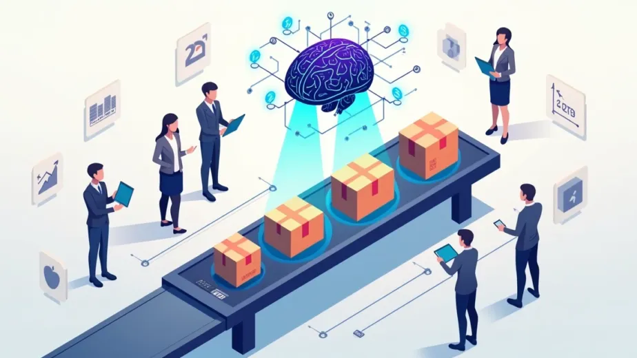 Ilustração de esteira automatizada com caixas de ecommerce e cérebro digital de inteligência artificial acima
