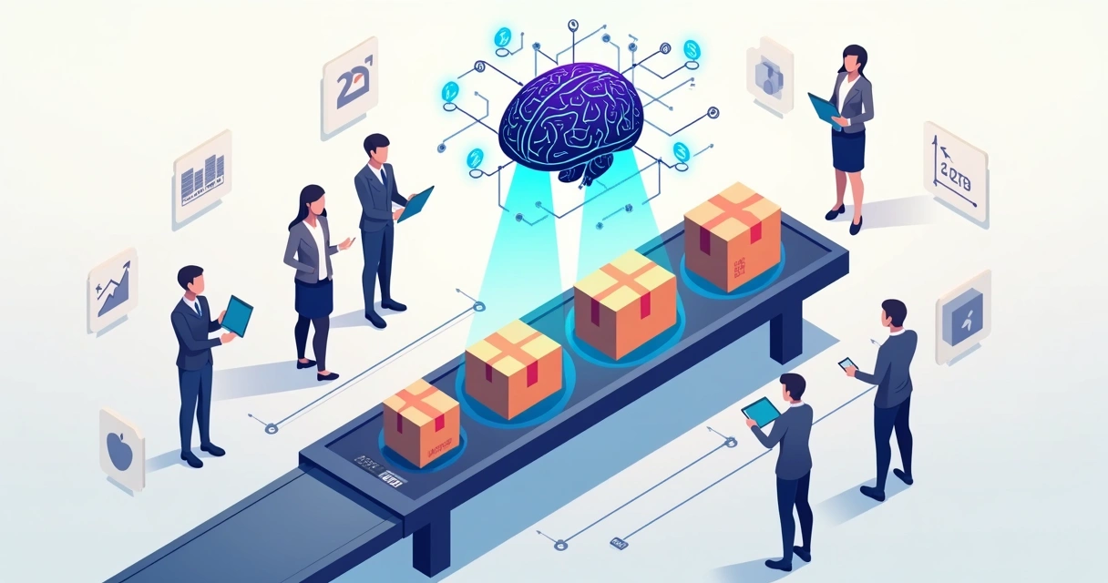 Ilustração de esteira automatizada com caixas de ecommerce e cérebro digital de inteligência artificial acima