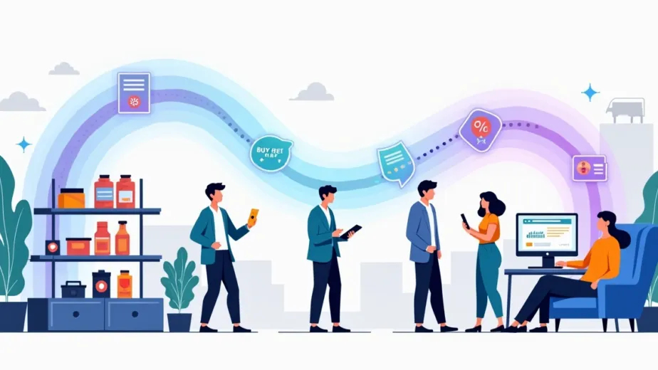 Ilustração de marca vendendo direto ao consumidor em ambiente digital conectado