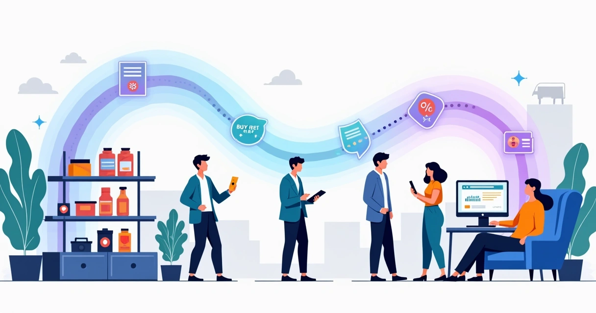 Ilustração de marca vendendo direto ao consumidor em ambiente digital conectado