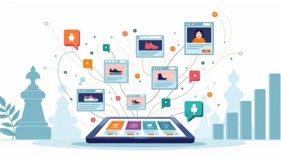 Ilustração de produtos digitais conectados por rede de anúncios em crescimento