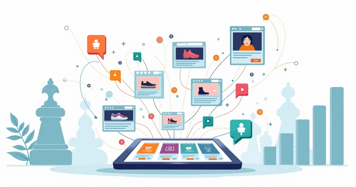 Ilustração de produtos digitais conectados por rede de anúncios em crescimento