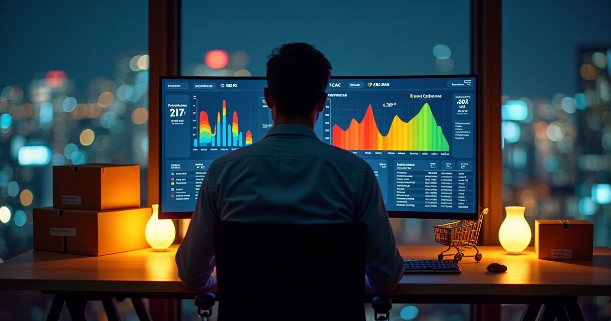 Gestor de ecommerce analisando painel digital com gráficos de CAC e vendas