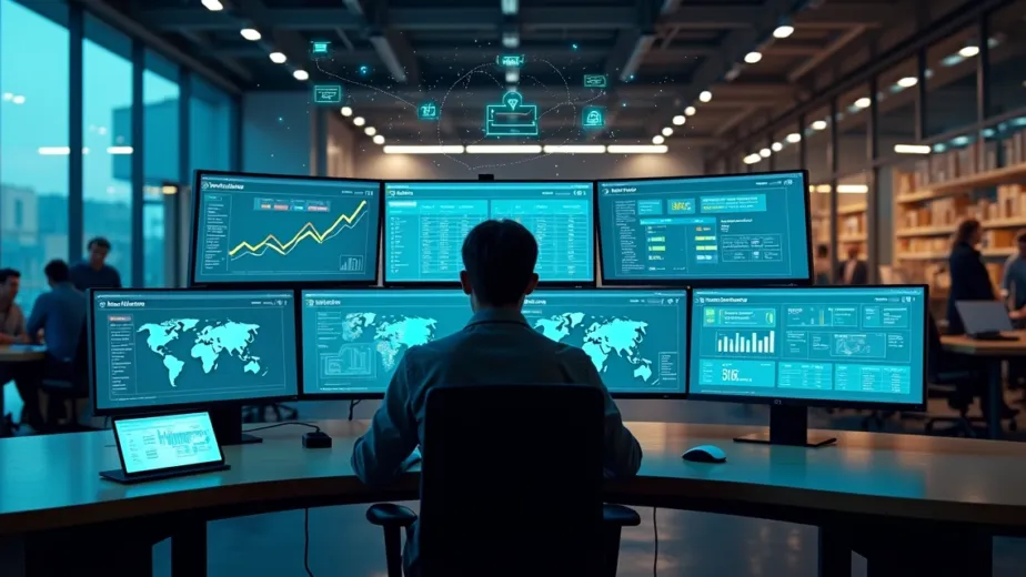 Gestor analisando painel ERP integrado a ecommerce em escritório moderno