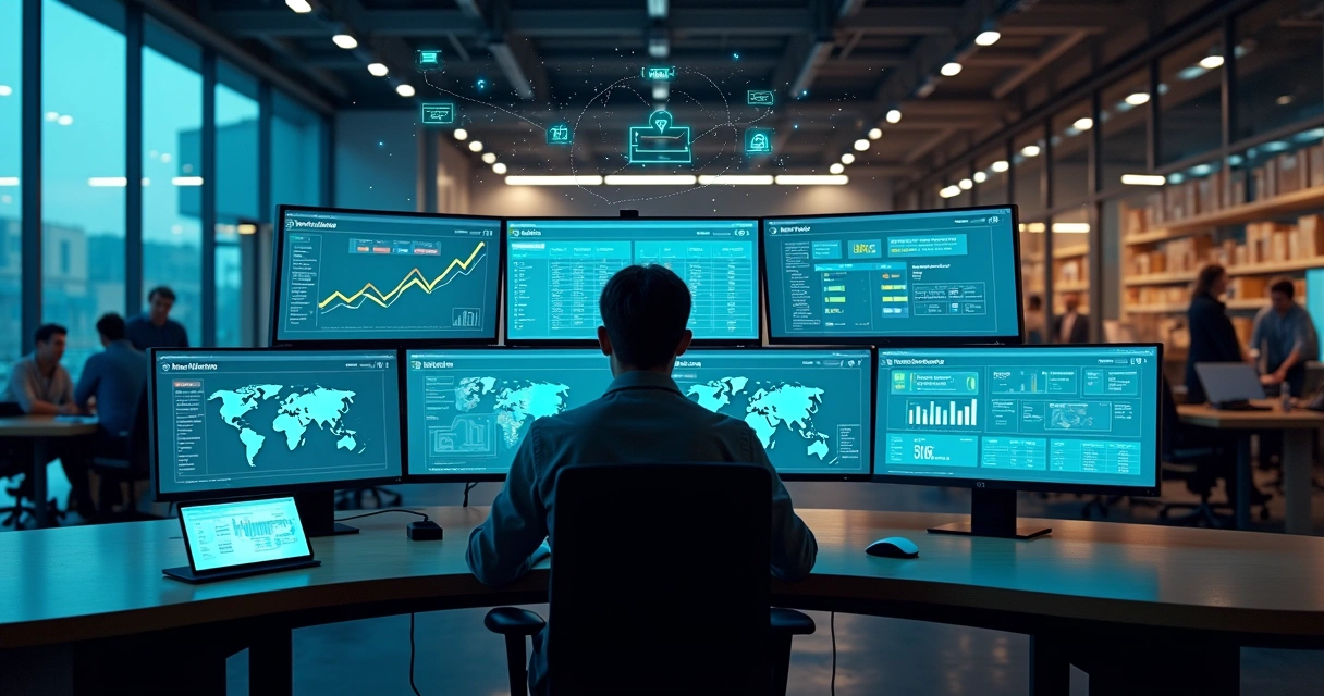 Gestor analisando painel ERP integrado a ecommerce em escritório moderno