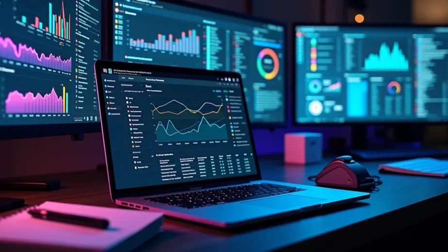 Dashboard de ecommerce exibindo dados de pixel e API de conversão na tela de um notebook em uma mesa de trabalho