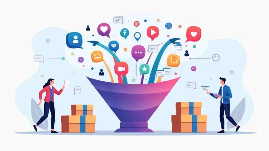Ilustração de funil de vendas saindo de ícones de redes sociais com pedidos e caixas de produtos