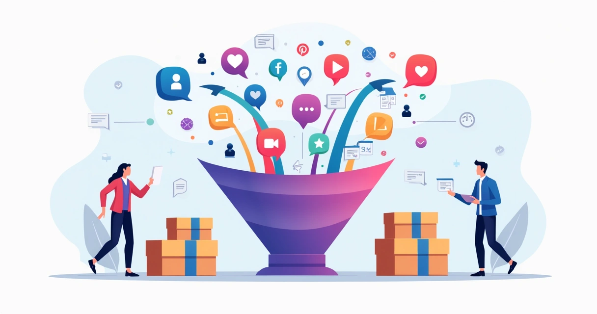 Ilustração de funil de vendas saindo de ícones de redes sociais com pedidos e caixas de produtos
