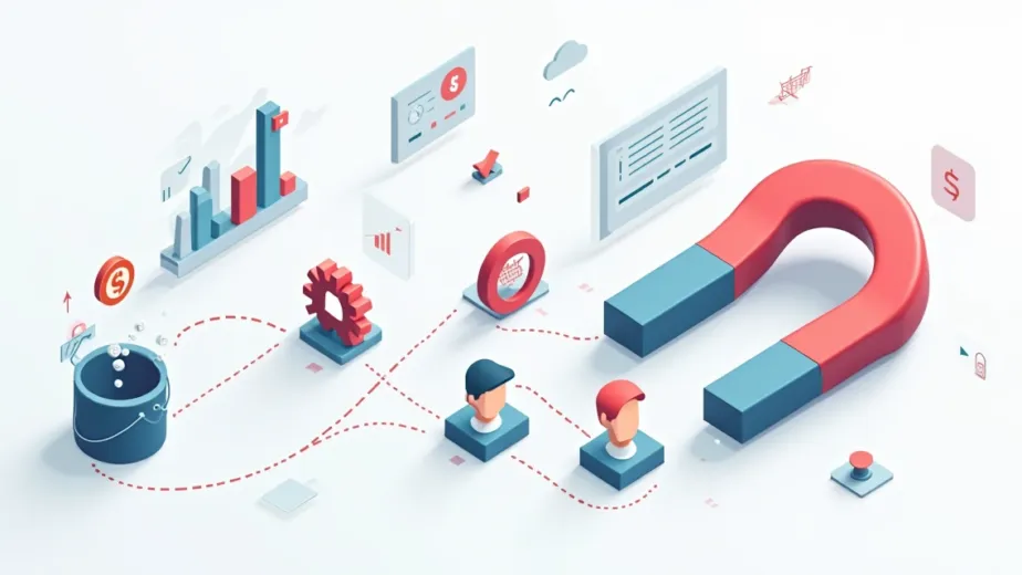 Conceito visual de ímã atraindo clientes e ícones de custo reduzido no ecommerce