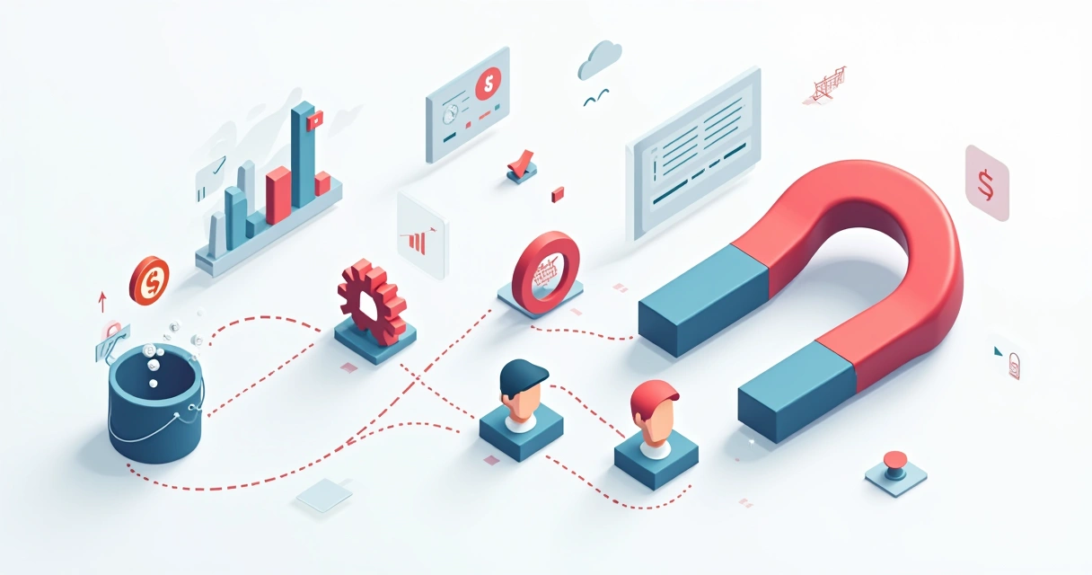 Conceito visual de ímã atraindo clientes e ícones de custo reduzido no ecommerce