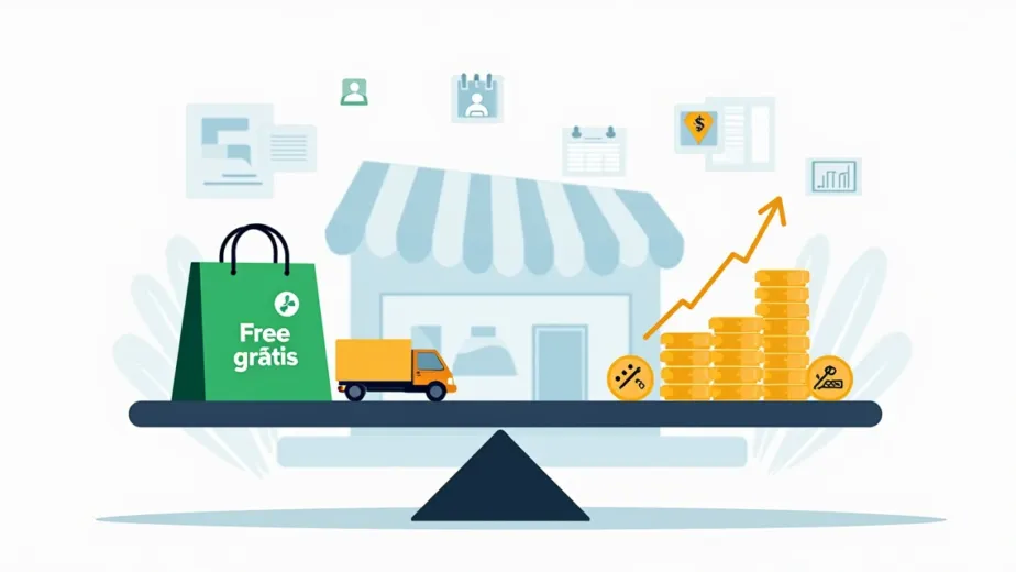 Ilustração de balança pesando frete grátis e lucro de loja virtual