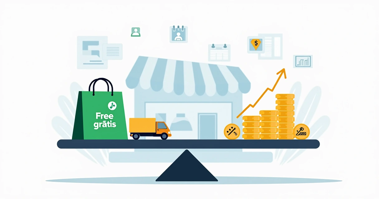 Ilustração de balança pesando frete grátis e lucro de loja virtual