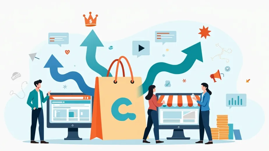 Ilustração de conceito de branding conectando marca e ecommerce em ambiente digital