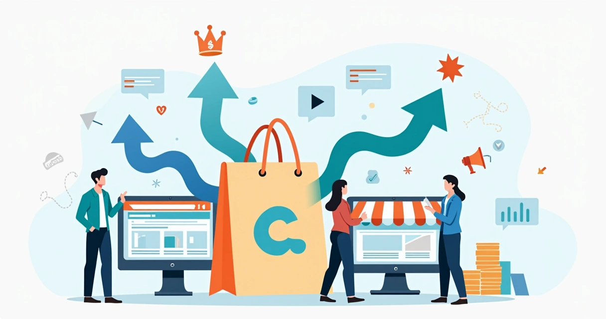 Ilustração de conceito de branding conectando marca e ecommerce em ambiente digital