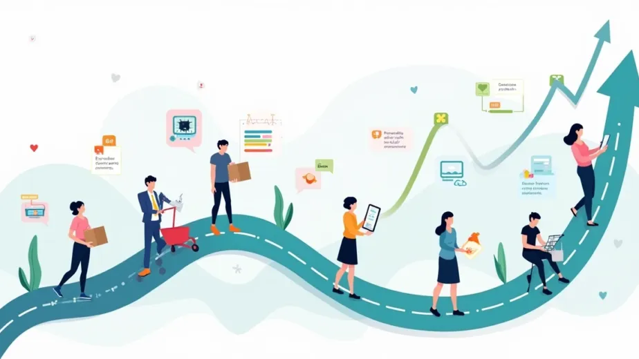Ilustração de jornada do cliente de e-commerce com etapas destacando retenção e queda de cancelamentos