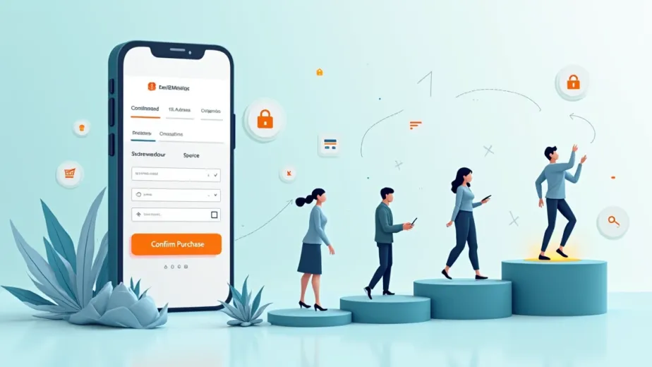 Interface de checkout mobile mostrando fluxo simples de compra em destaque