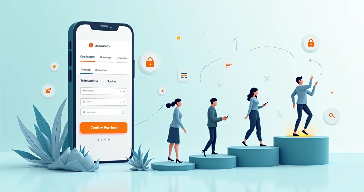 Interface de checkout mobile mostrando fluxo simples de compra em destaque