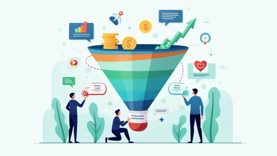 Ilustração de funil de marketing otimizando custo de aquisição no ecommerce