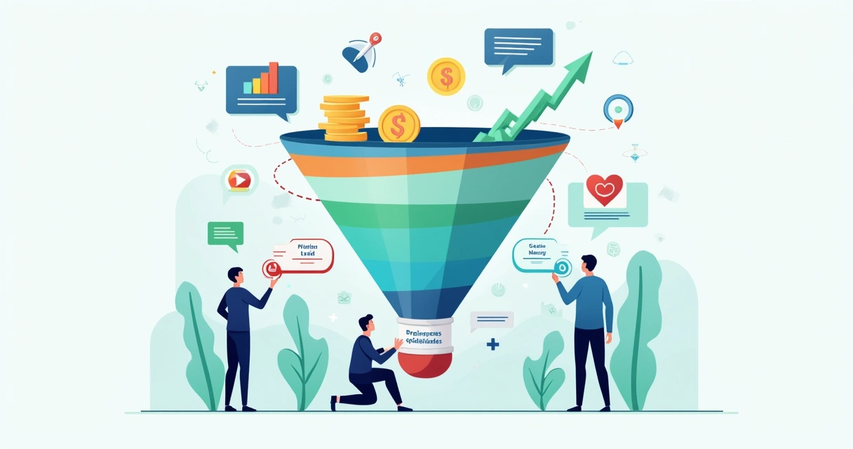 Ilustração de funil de marketing otimizando custo de aquisição no ecommerce