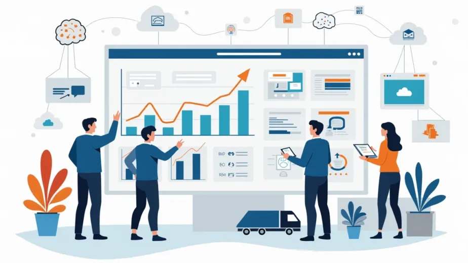 Equipe analisando painéis digitais de métricas de ecommerce em crescimento