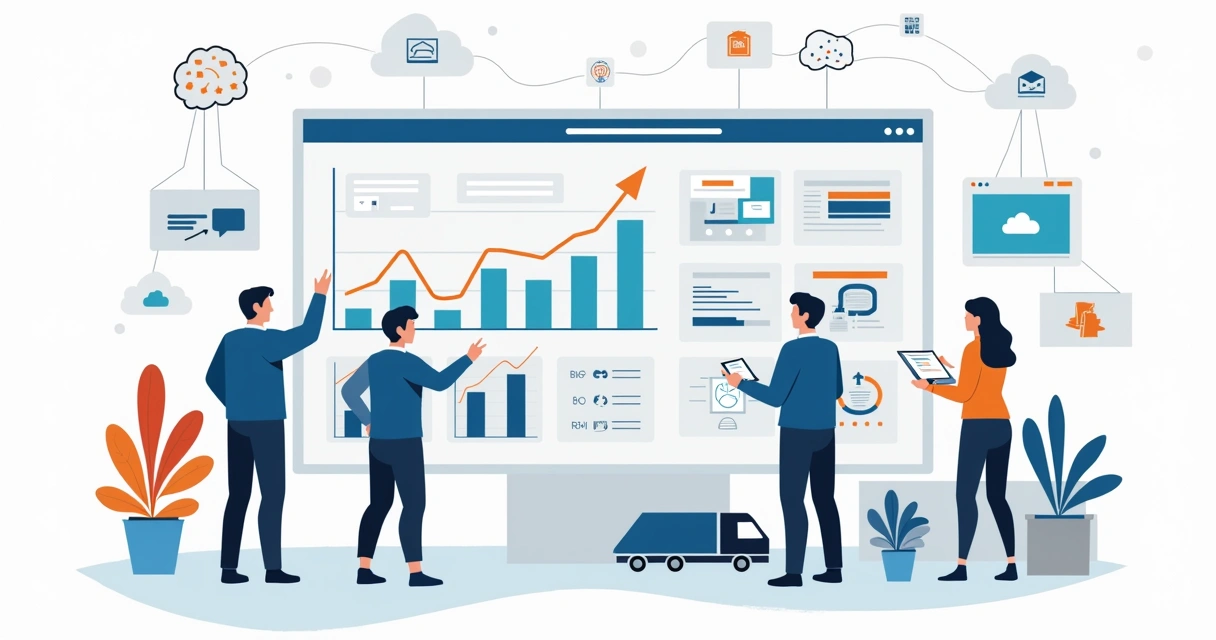 Equipe analisando painéis digitais de métricas de ecommerce em crescimento