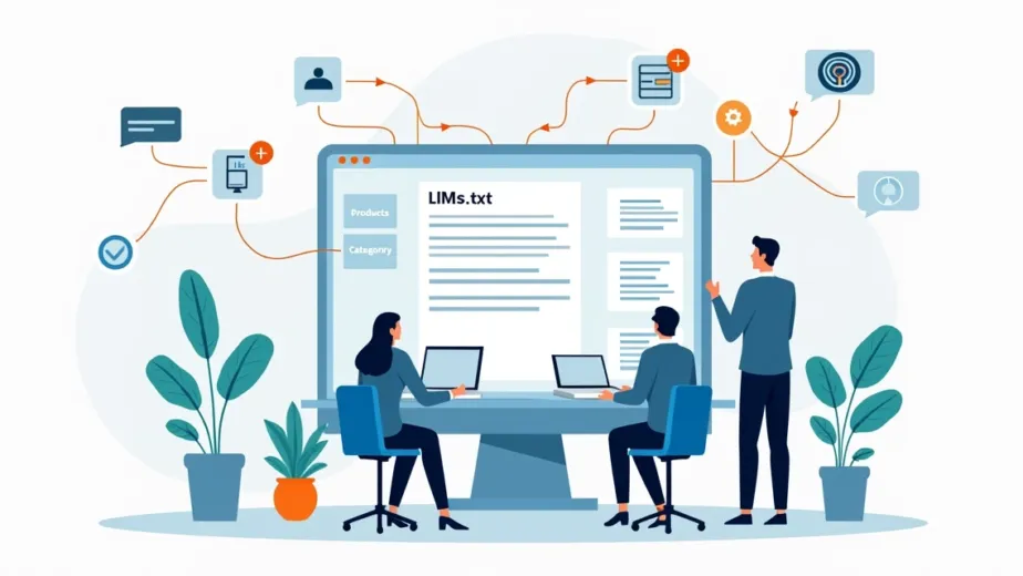 Dashboard de ecommerce com painel controlando arquivo llms.txt e conexões de IA