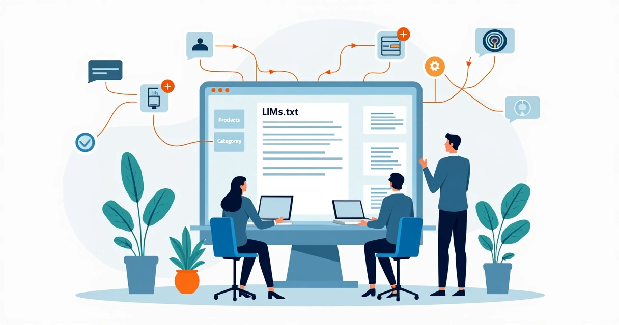 Dashboard de ecommerce com painel controlando arquivo llms.txt e conexões de IA