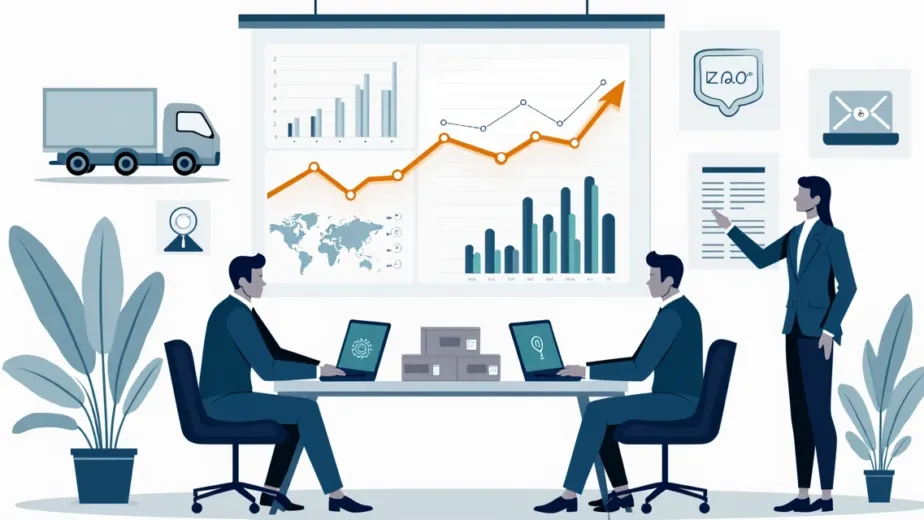 Cúpula de gestão analisando painel de controle de e-commerce em grande tela