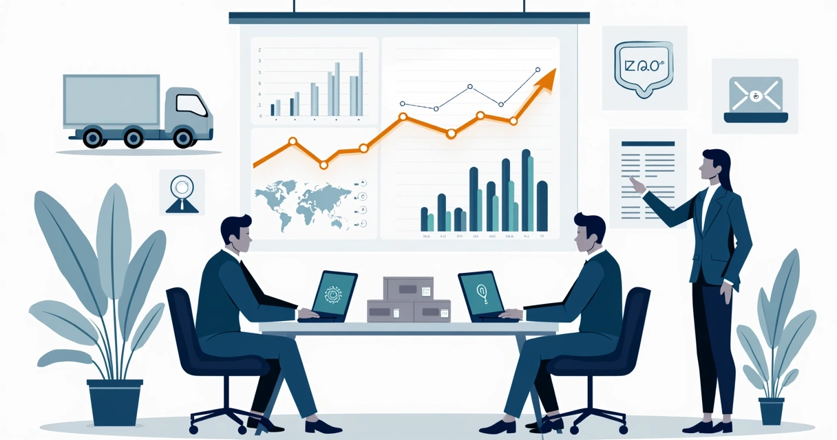 Cúpula de gestão analisando painel de controle de e-commerce em grande tela