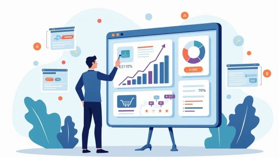 Dashboards de CRO com telas de ecommerce e taxa de conversão em destaque