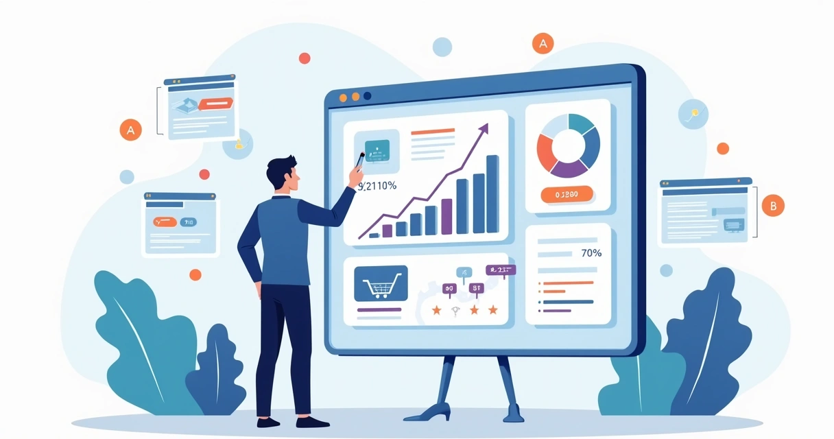 Dashboards de CRO com telas de ecommerce e taxa de conversão em destaque