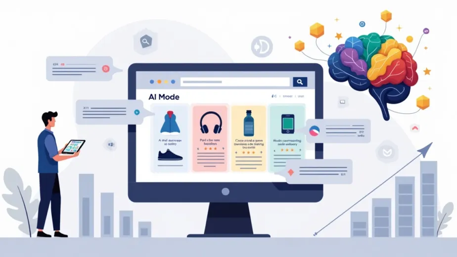 Painel de e-commerce dialogando com assistente de IA em estilo ilustrado corporativo