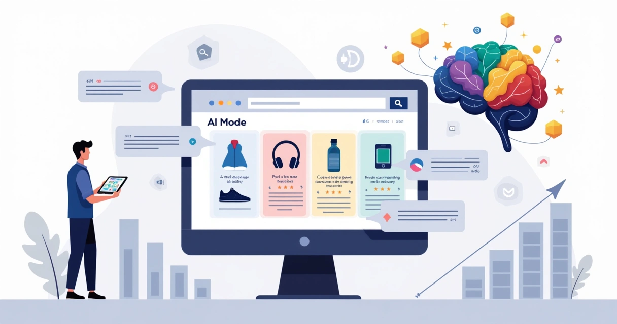 Painel de e-commerce dialogando com assistente de IA em estilo ilustrado corporativo