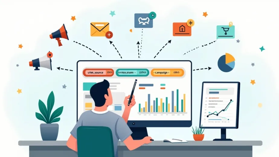 Painel digital exibindo tags UTM conectadas a campanhas de e-commerce