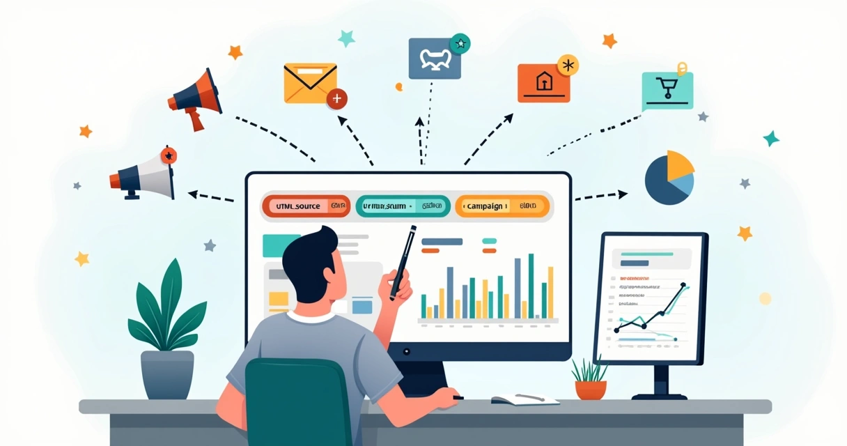 Painel digital exibindo tags UTM conectadas a campanhas de e-commerce