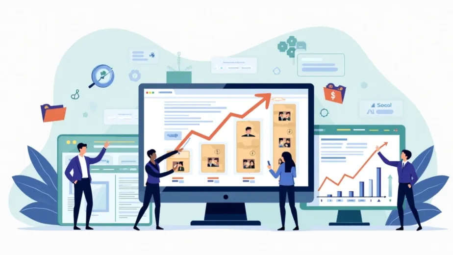Ilustração de painel de SEO com produtos de ecommerce subindo nas buscas online