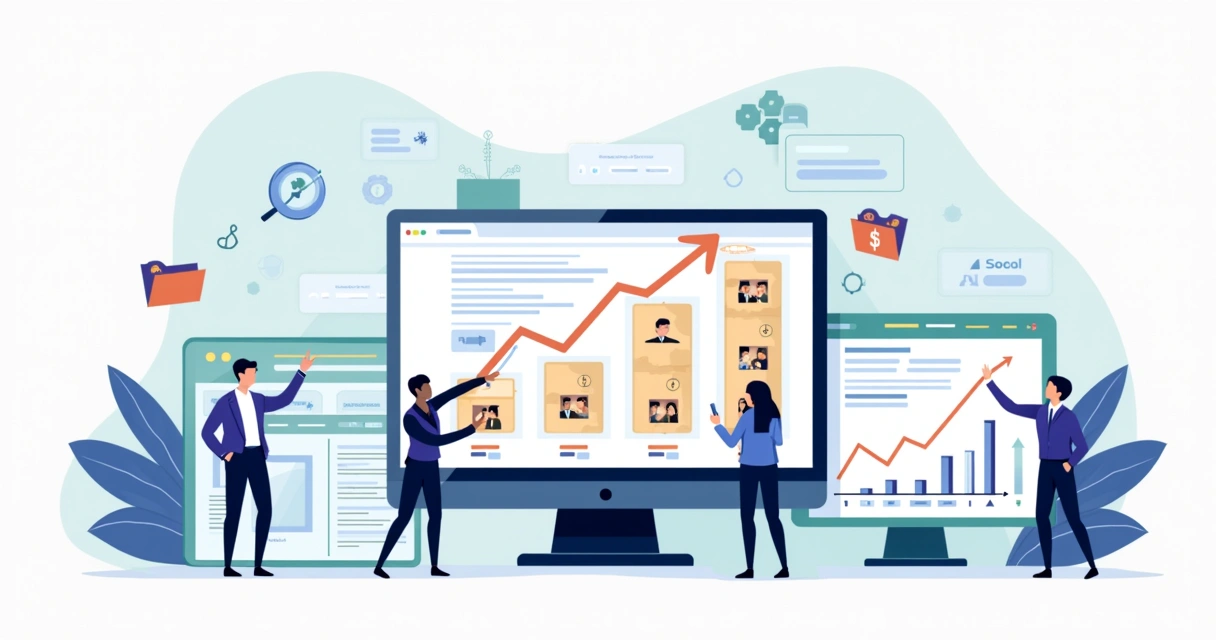 Ilustração de painel de SEO com produtos de ecommerce subindo nas buscas online